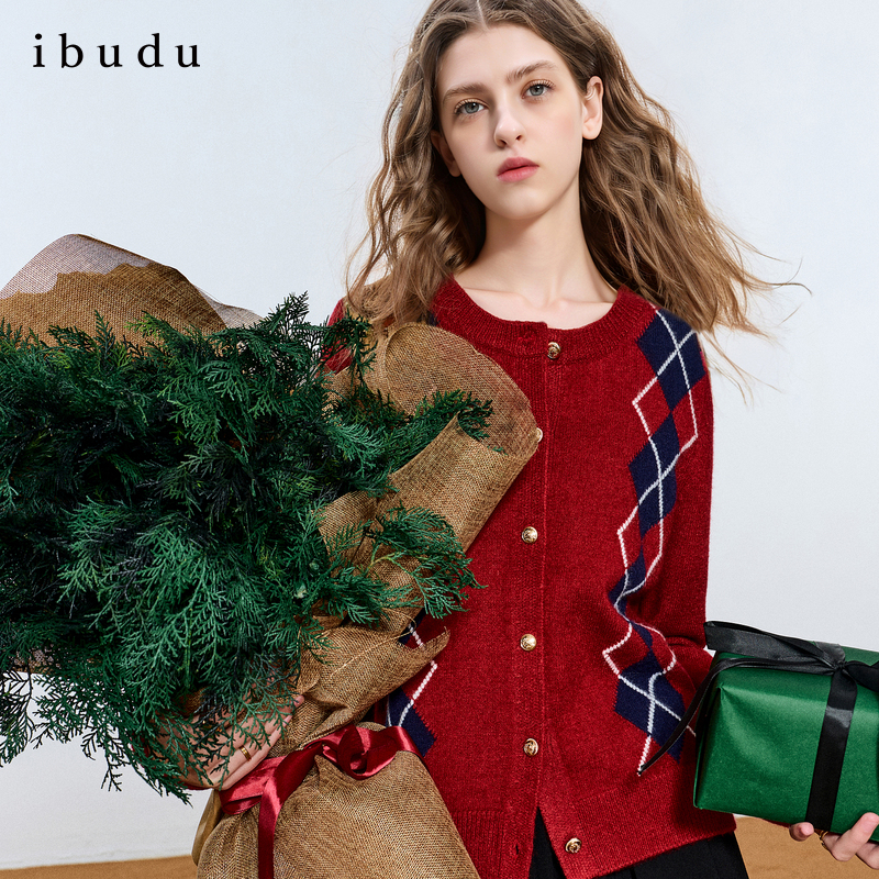 三彩ibudu2026春季新款几何针织衫圆领毛衫开衫休闲女