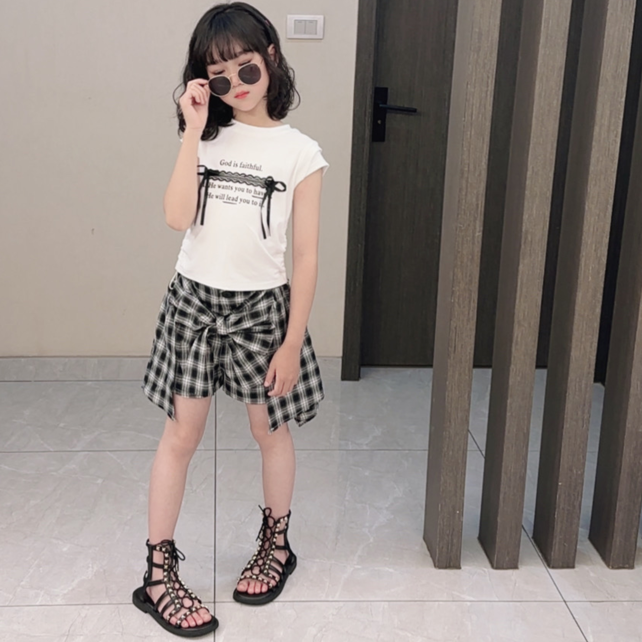 女童短袖T恤裙子套装夏季新款洋气时髦中大童百搭格子短裙两件套