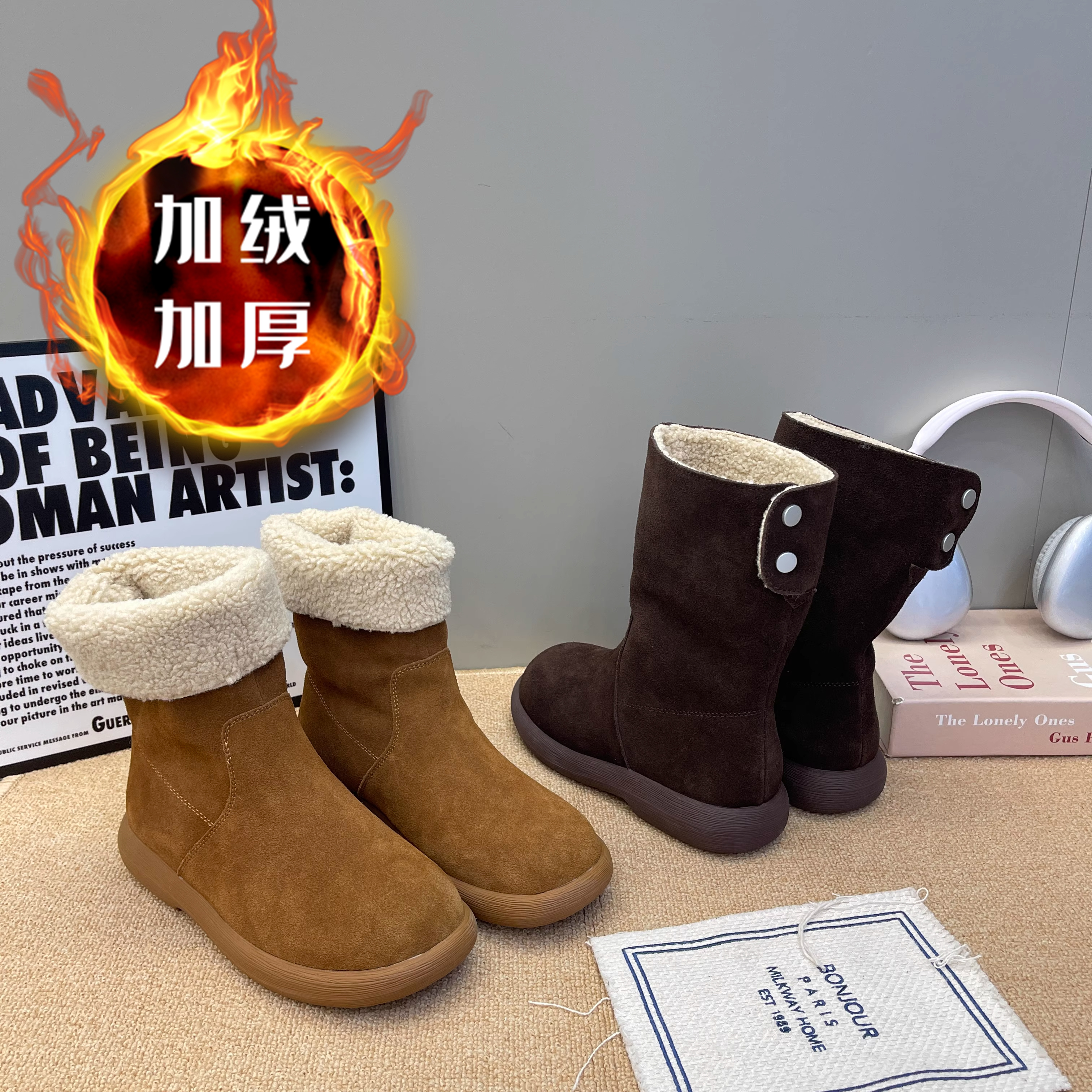 冬日小暖炉芒果头雪地靴女丑萌加绒两穿棉靴勃肯保暖小土豆短靴女