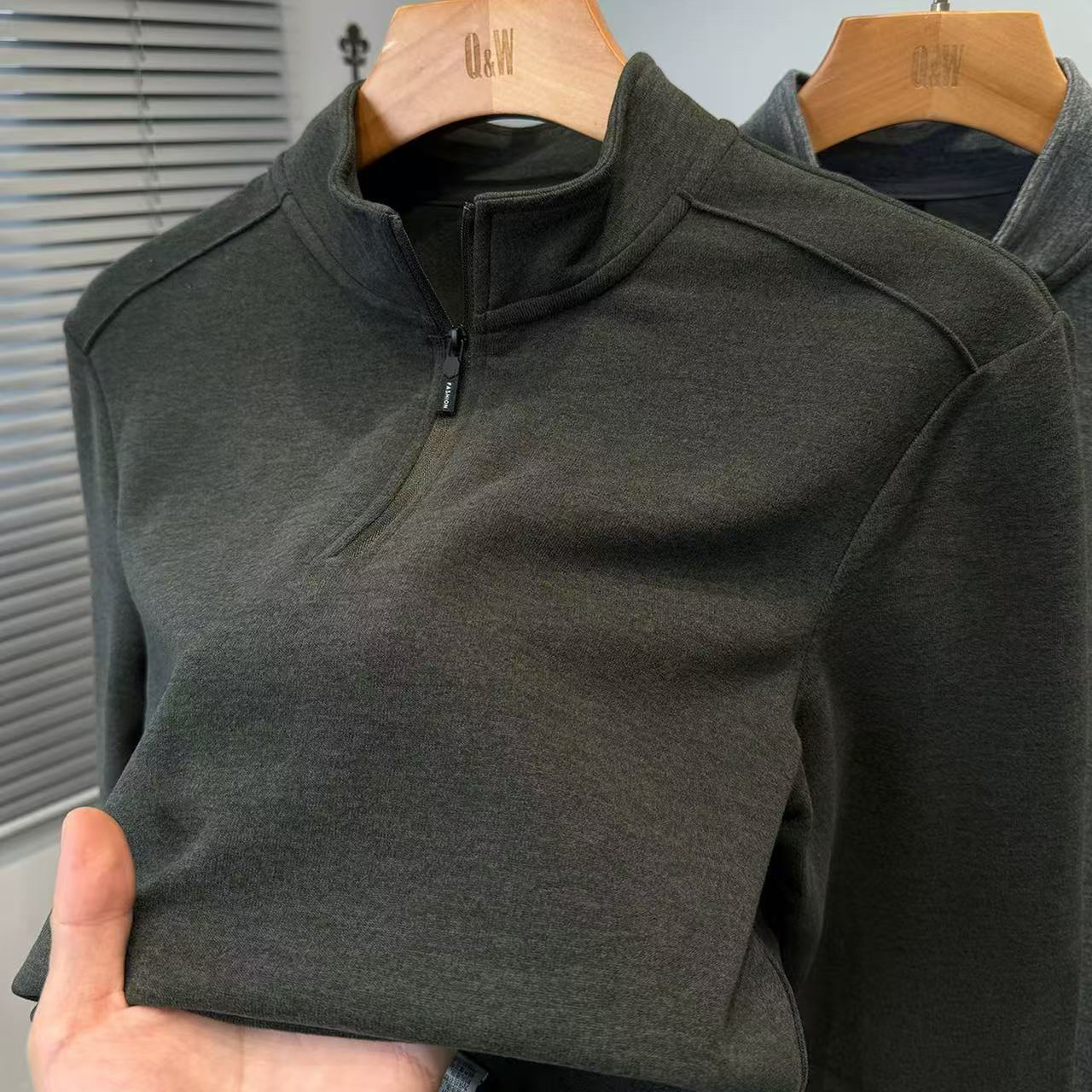 户外拉链秋冬T恤休闲宽松型修身男士磨毛立领长袖