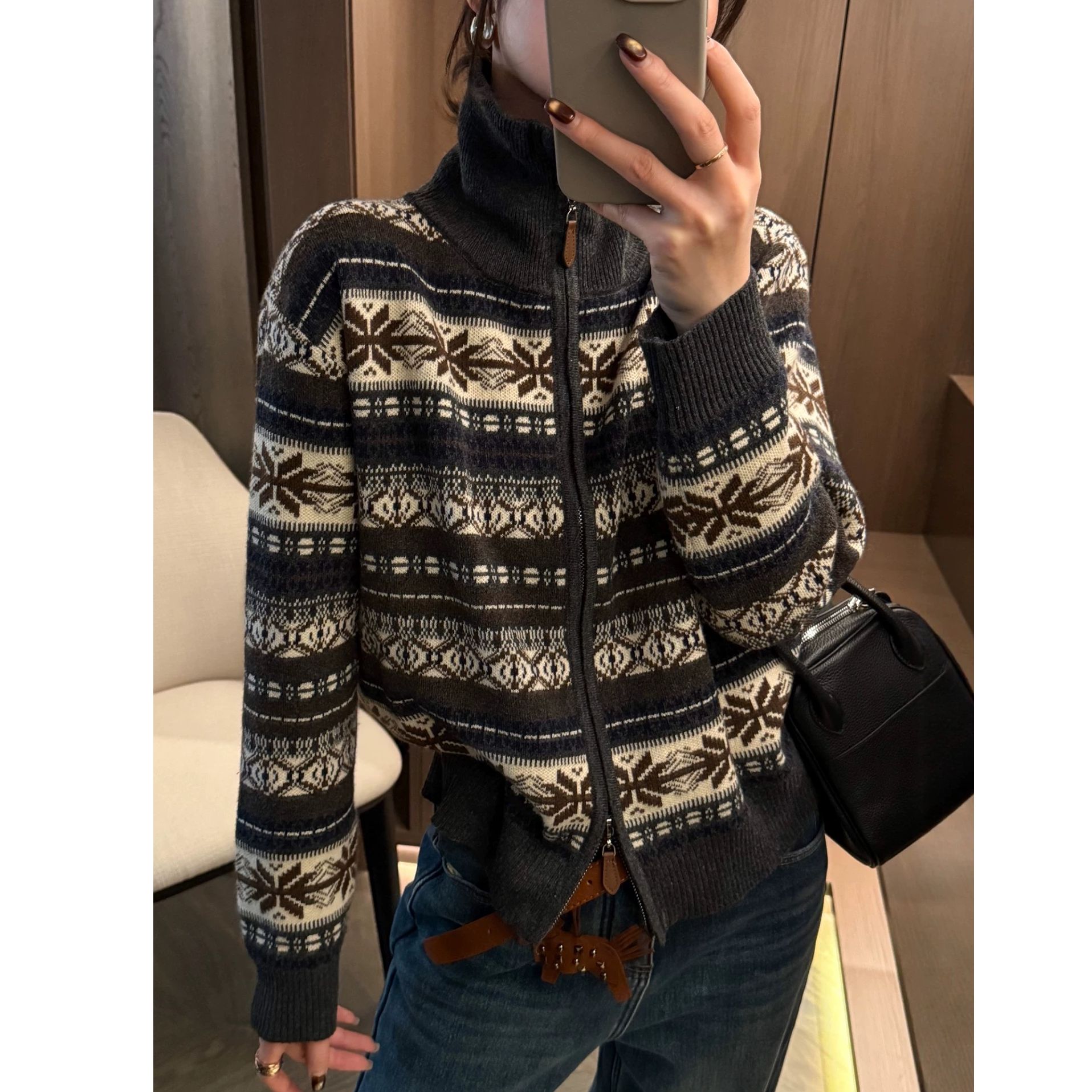 【运费补贴】费尔岛雪花女拉链北欧风毛衣针织衫开衫显瘦外套