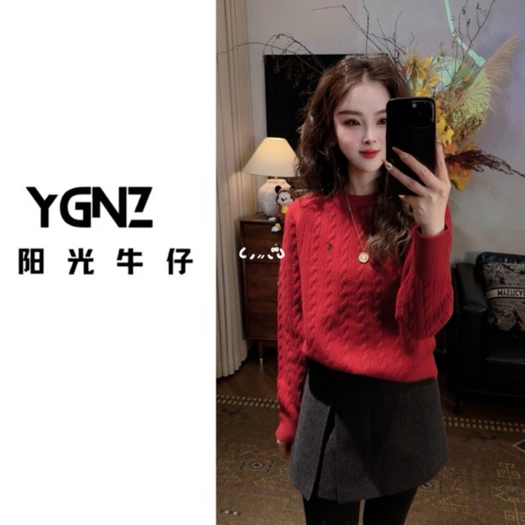 【阳光牛仔】“极简拉夫”100%羊毛刺绣小马长袖圆领针织（冷水手洗）