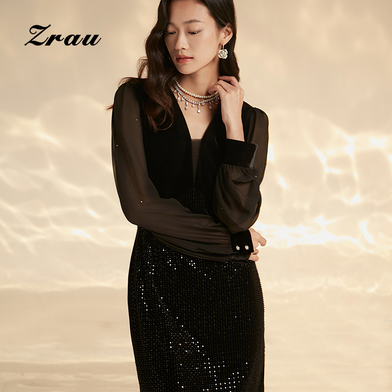 ZRAU设计感气质拼接钉珠V领连衣裙Z1241L0003