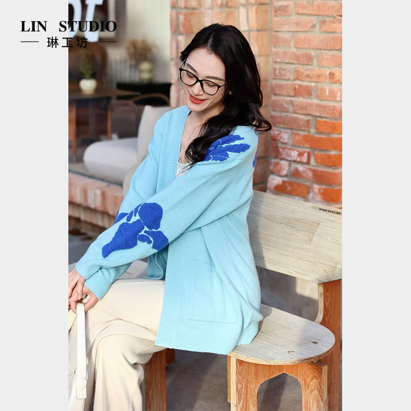 【山羊绒+绵羊毛】琳工坊“云岫“蓝色针织衫时尚休闲气质唐琳设计师