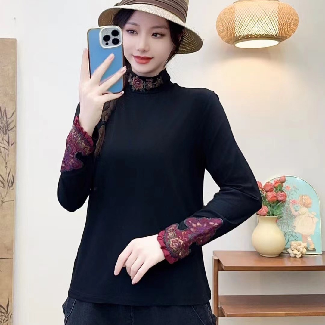 刺绣民族风半高领T恤针织加厚秋季修身秋冬时尚内搭洋气网红