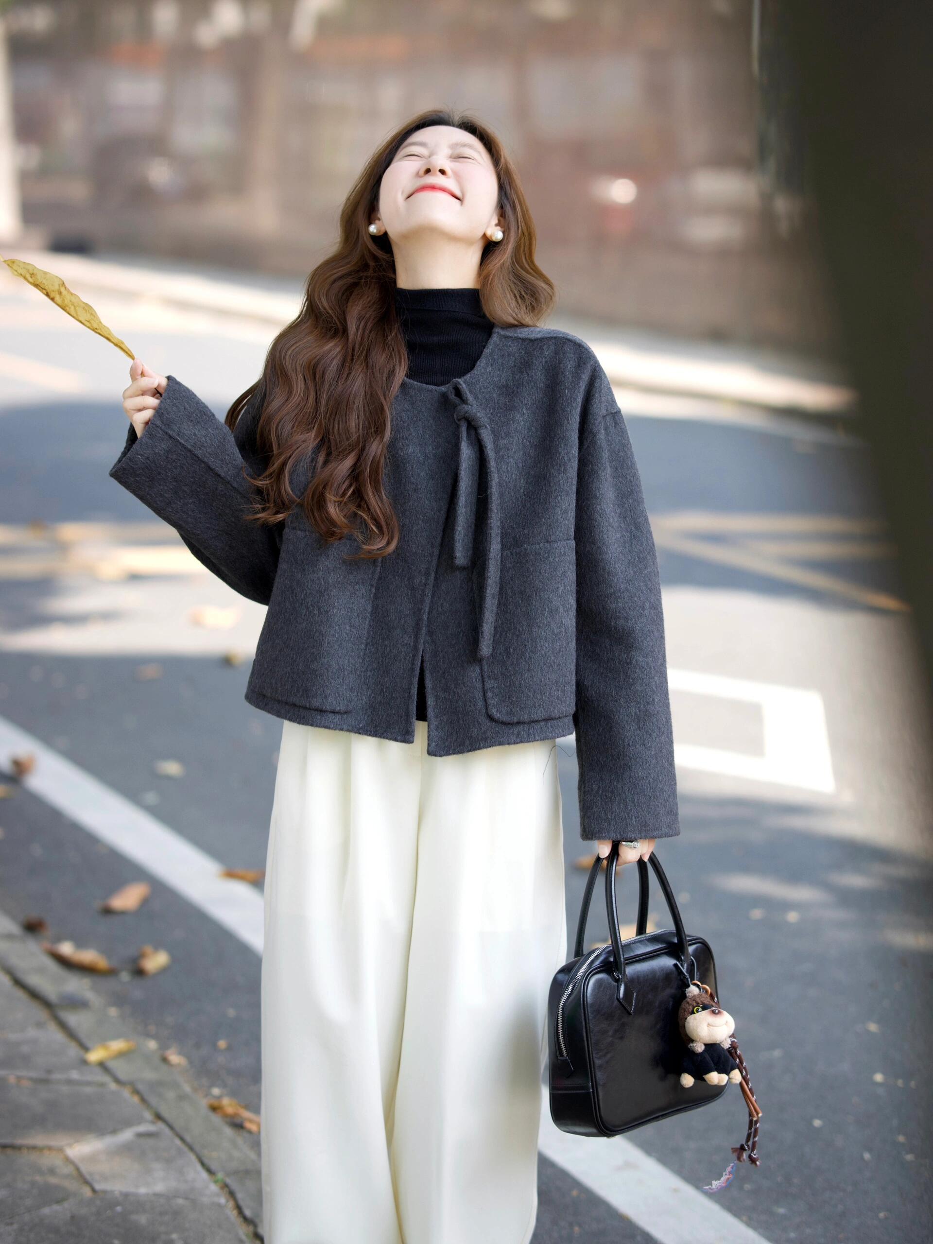 3548+3549秋冬搭配一整套高级感毛呢外套搭配休闲百搭裤子两件套