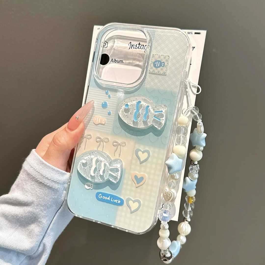 大孔白色立体小鱼适用苹果16手机壳iphone15华为oppo小米vivo女43