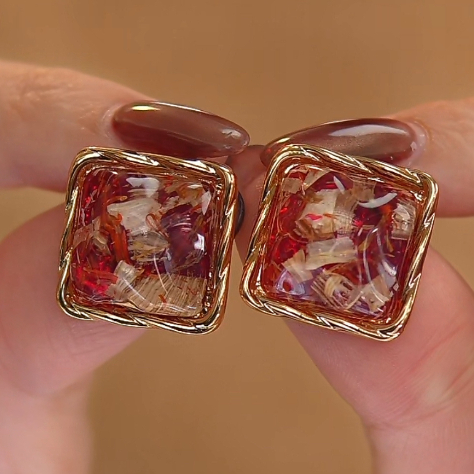 愿岛 黄铜树脂耳饰 法式气质时尚方形树脂渐变红色手工耳钉EH2990