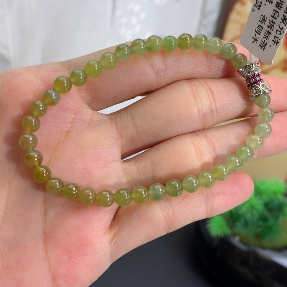 翡翠未镶嵌手串卡5胶润茶黄手串