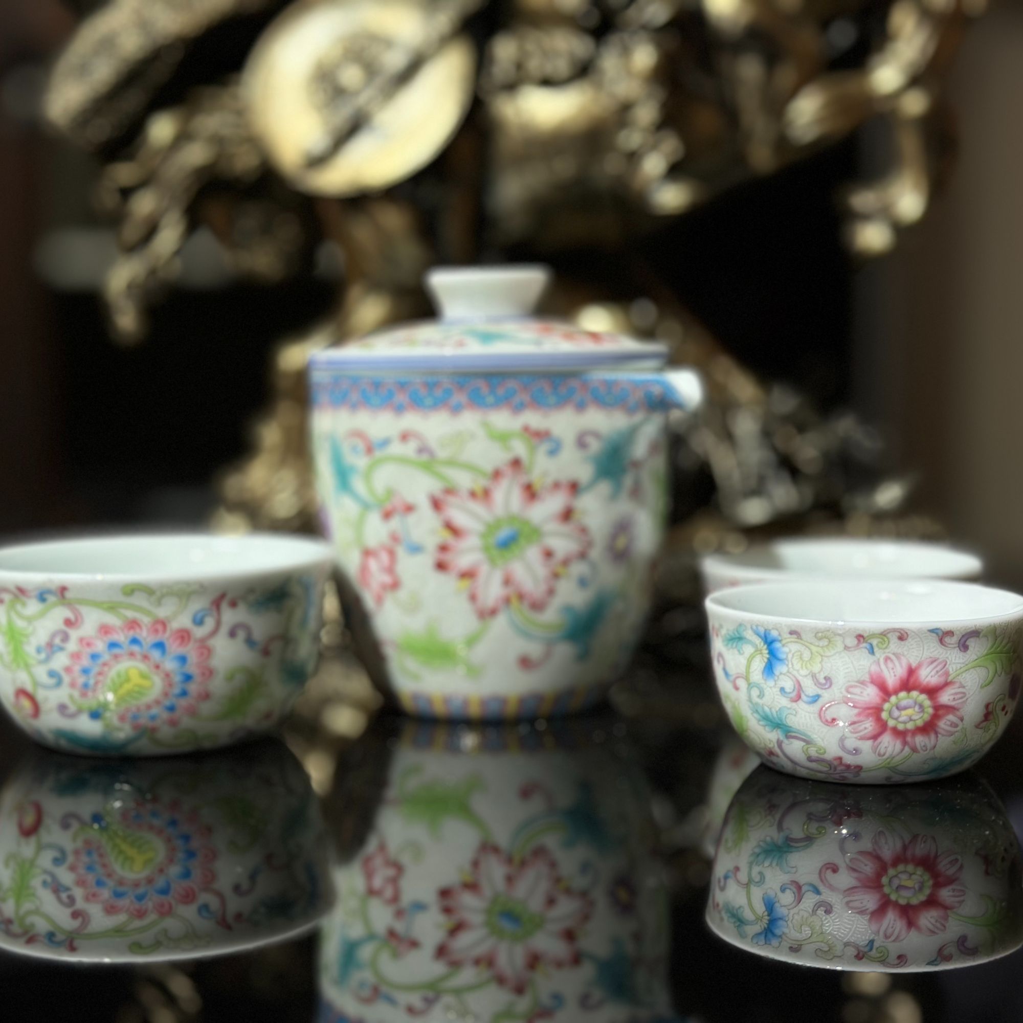 珐琅彩影青色凤尾花旅行套装--116