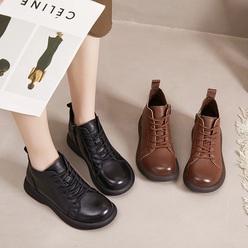 新款头层牛皮复古马丁靴女休闲软底短靴平底防滑系带真皮妈妈鞋