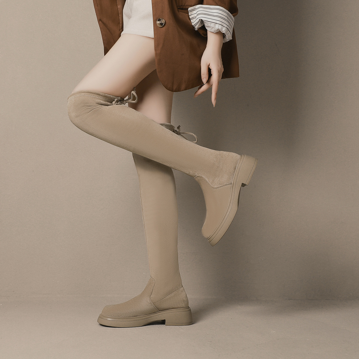 丝滑绒面过膝长靴女2024年秋冬款欧美长筒靴子系带不掉筒弹力袜靴