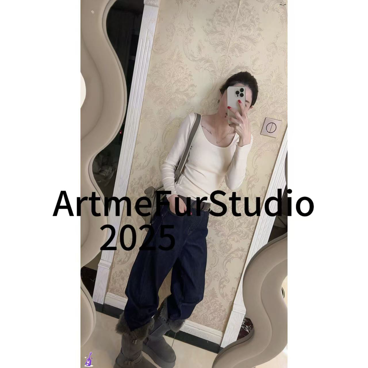 【七七来了】高腰显瘦直筒牛仔裤（加厚绒）藏蓝色窄版阔腿裤女秋冬