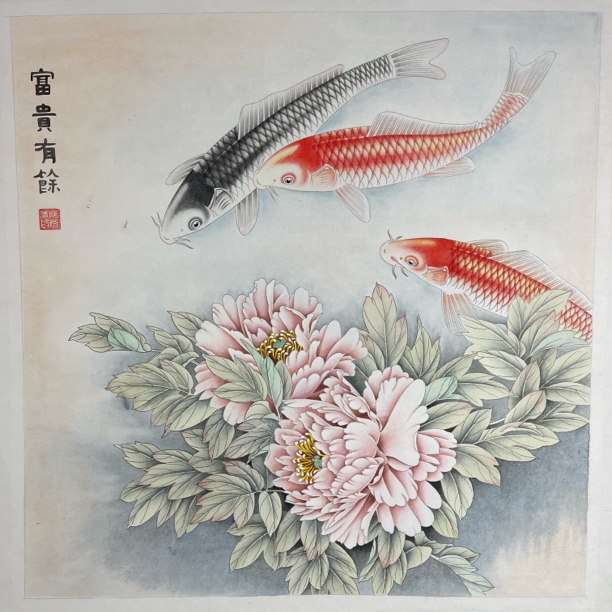 富贵有鱼 68×68工笔花鸟客厅装饰画，餐厅挂画，电表箱挂画