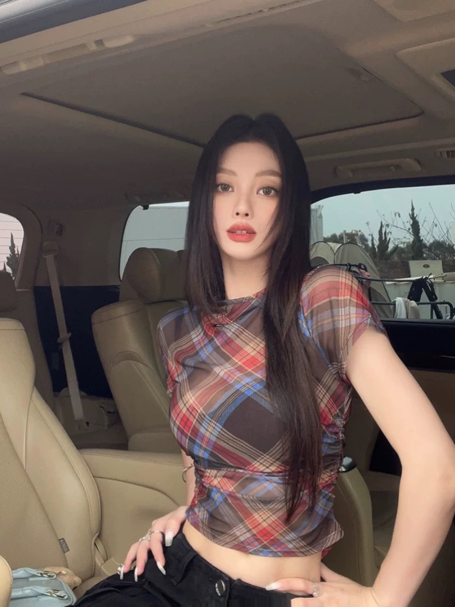 YANGYANG 美式复古格网纱小众叠穿百搭薄款防晒上衣#1510