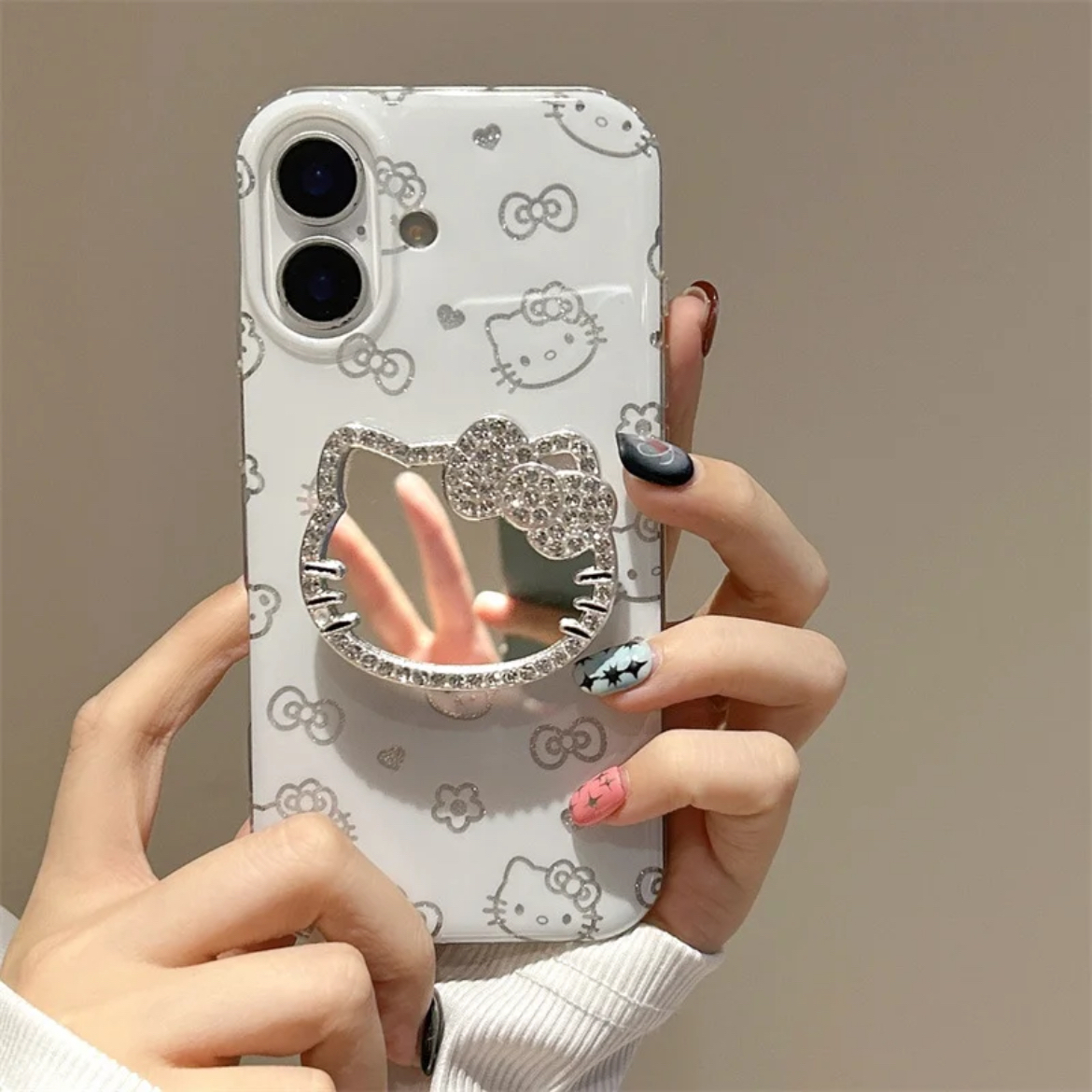 高级闪钻凯蒂猫补妆镜适用苹果17promax手机壳iphone16pro新款15