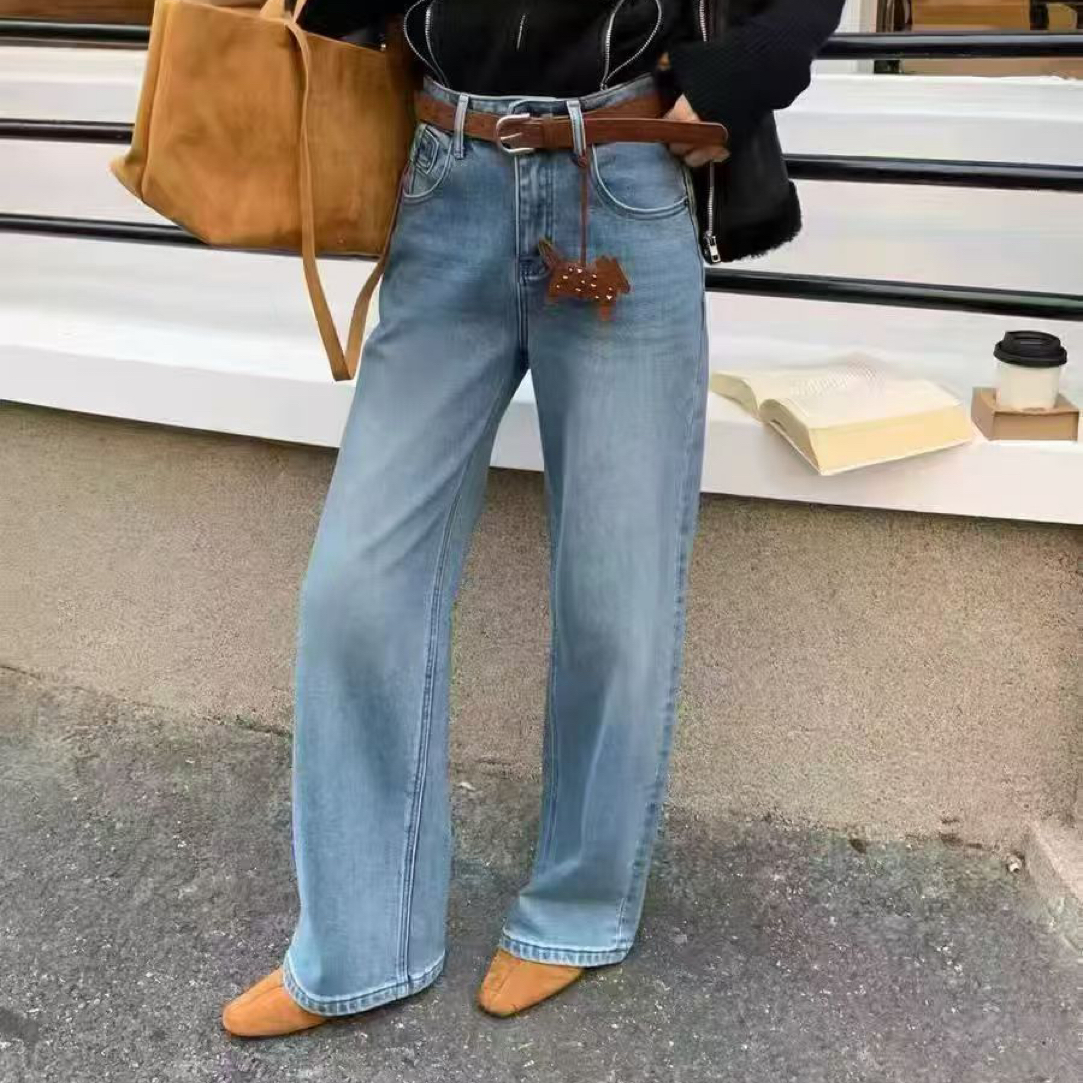 冬季加绒高腰显瘦直筒口袋刺绣牛仔裤296