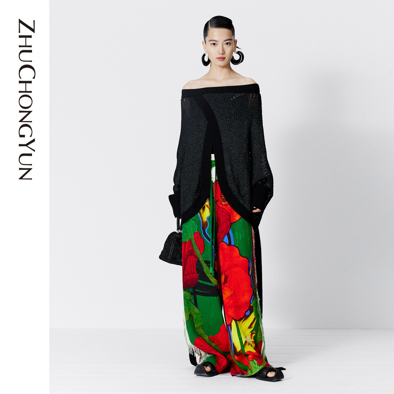 【生如夏花】ZHUCHONGYUN夏款印花松紧腰系带长裤C1DE22305
