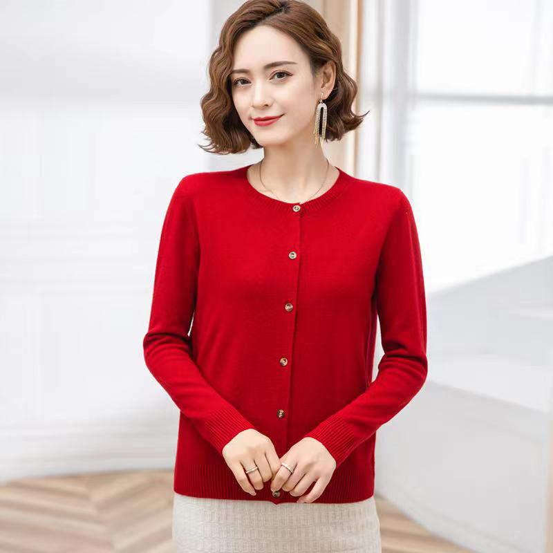 春季新款圆领针织开衫女百搭宽松纯色长袖外搭针织衫