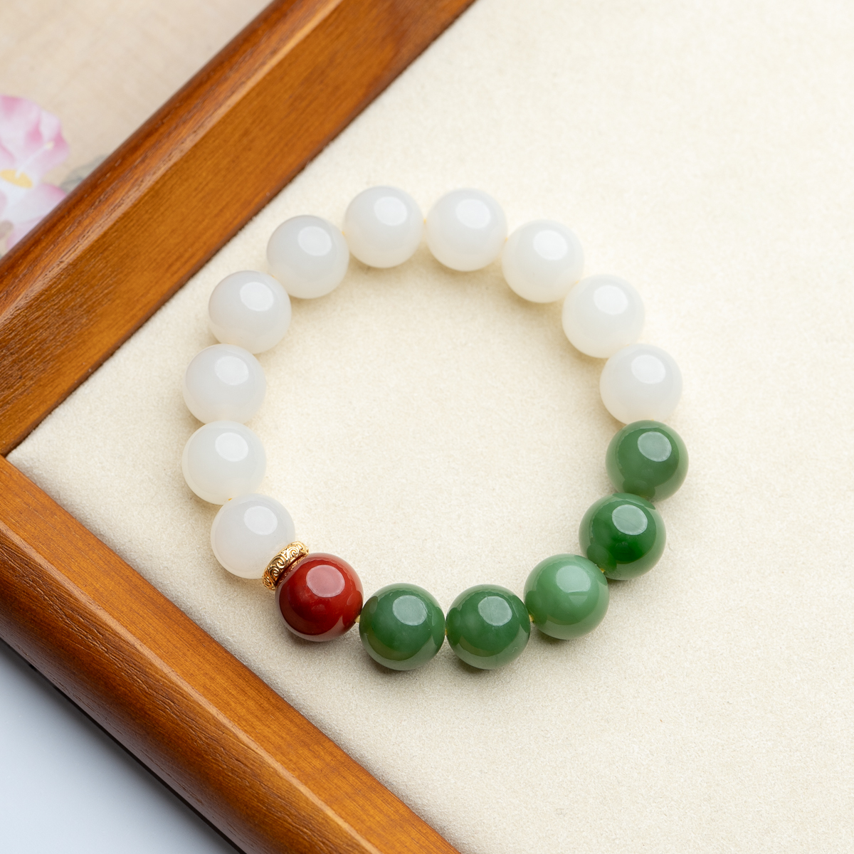 【18k】和田玉白玉12mm南红火焰纹碧玉单圈