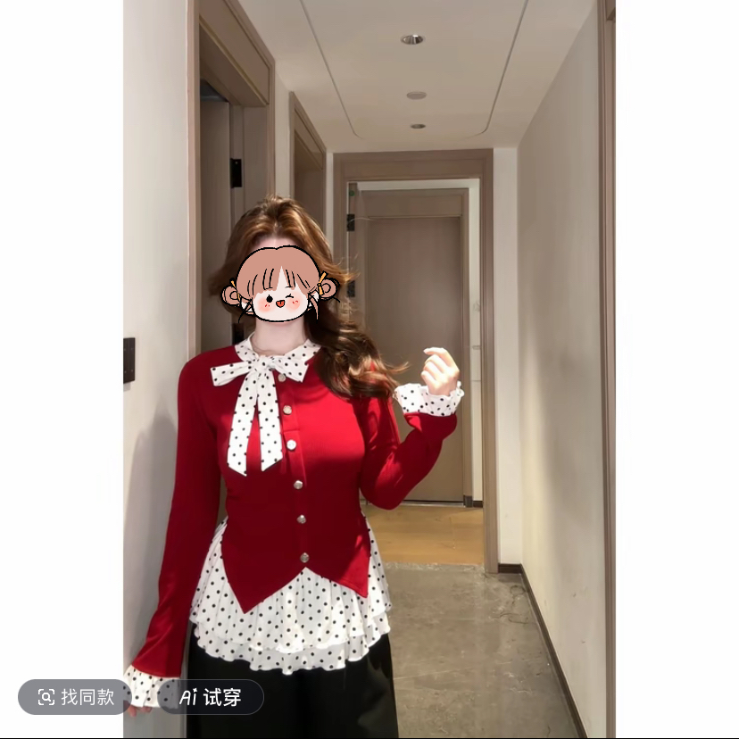 Bai大码【美丽限定】韩系千金小香风女设计感波点辣妹针织上衣22997