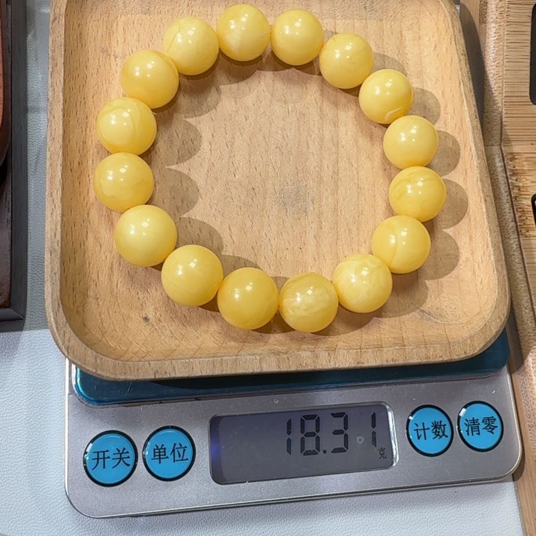 琥珀手链未镶嵌恩*12.5m+焦皮料浓蜡圆珠手串18.3