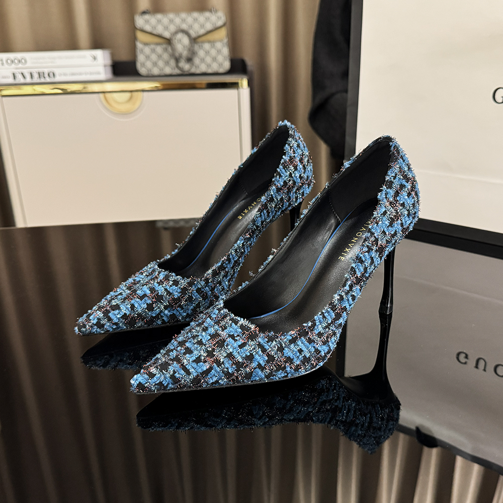 VIMIAONVXIE 真皮蓝色气质高跟鞋时尚浅口尖头单鞋法式细跟女鞋