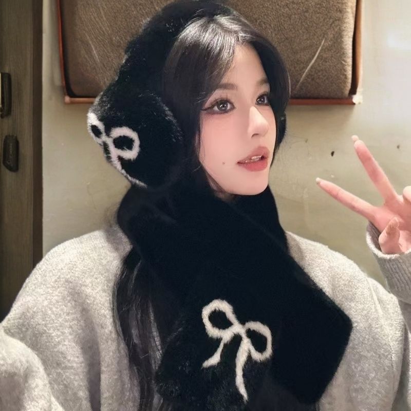 甜美蝴蝶结围巾冬季毛绒保暖防风交叉加厚围脖百搭男女纯色