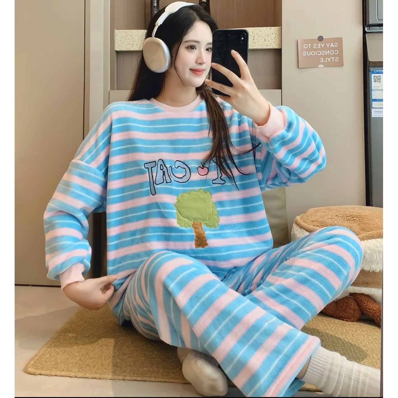 秋冬撞色条纹睡衣套装女甜美减龄趣味卡通家居两件套80371#0.1