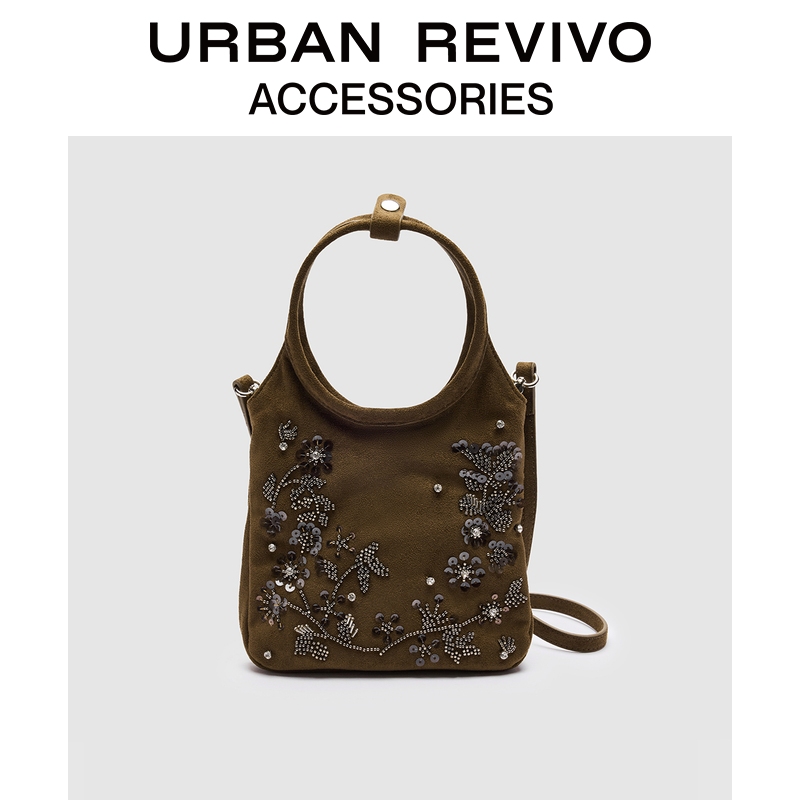 URBAN REVIVO2025秋季新款女流光风珠绣手提斜挎包UAWB50227