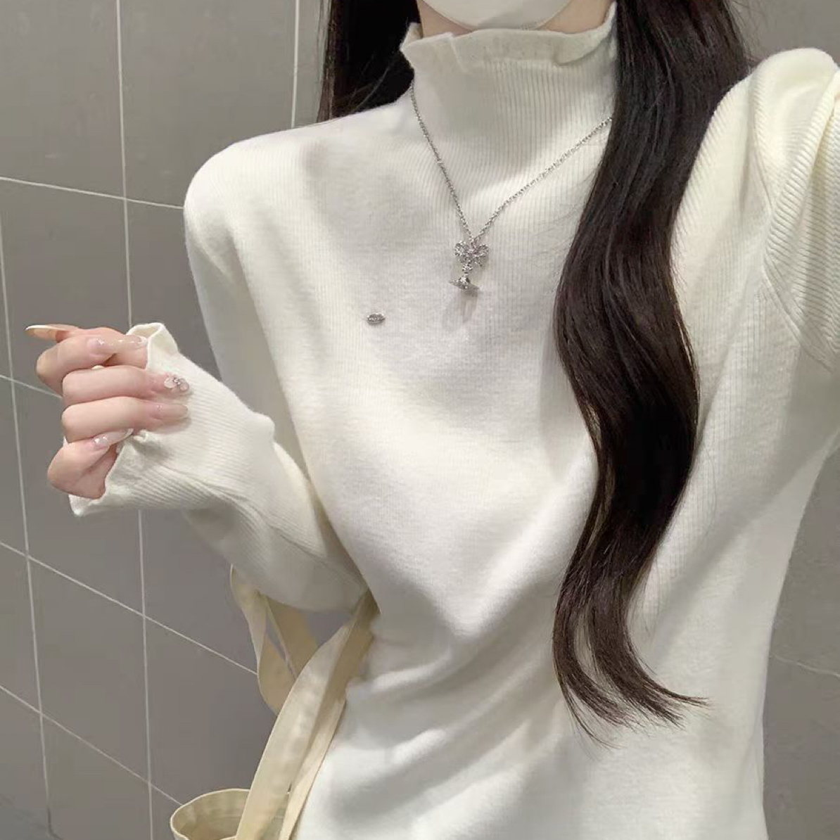 乐缘爆款秋冬法式半高领打底衫女内搭木耳边中领针织衫长袖上衣
