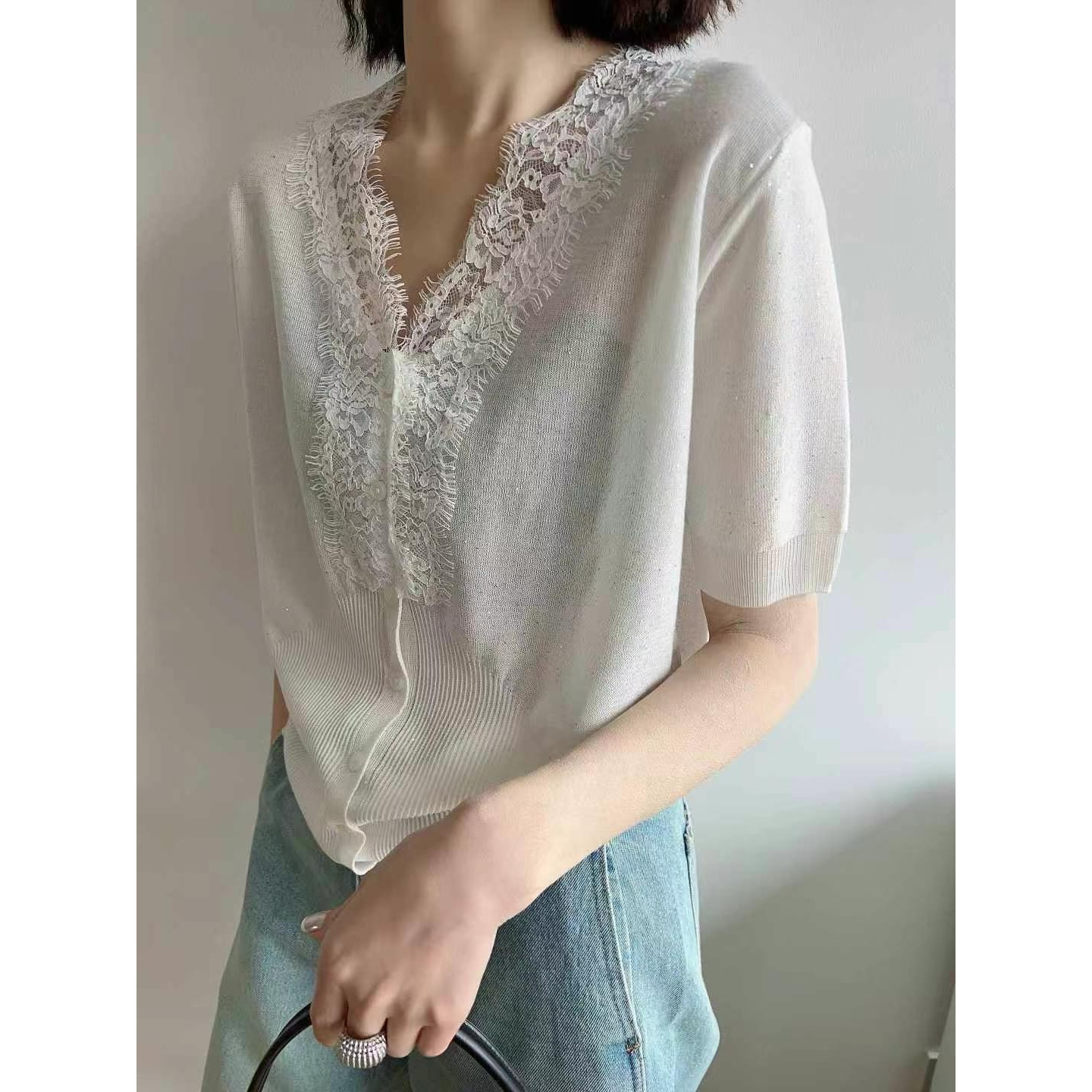 【法式蕾丝V领针织短袖】时尚百搭温柔气质夏季薄款针织衫上衣2025
