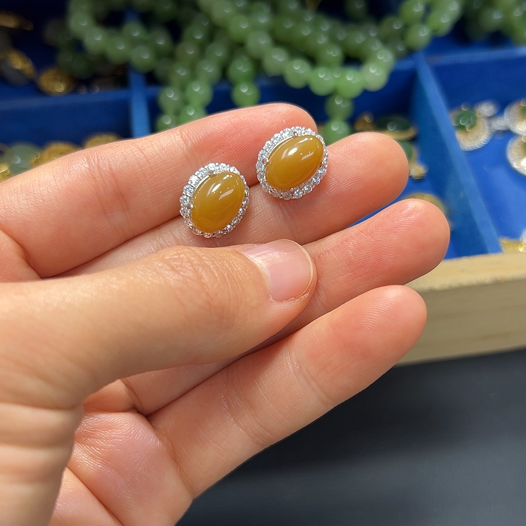 银S925镶嵌和田玉耳饰王**c