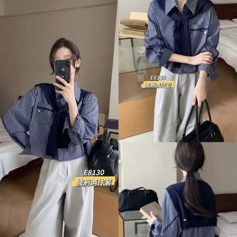 早秋新款时尚长袖格子衬衫女带披肩小众宽松百搭上衣蓝色格子衬衣
