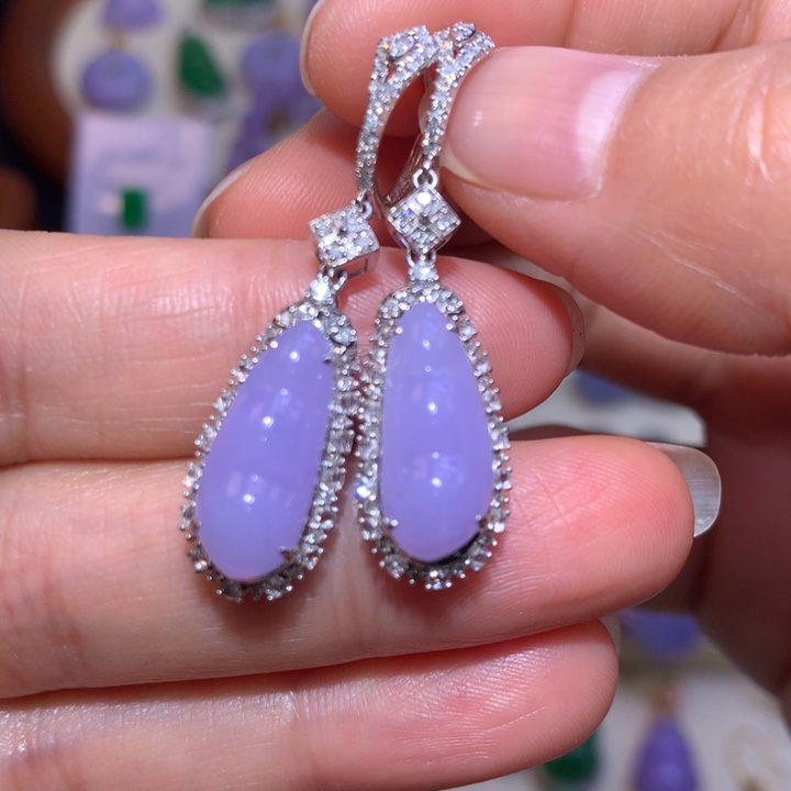 翡翠耳饰18K金镶嵌冰胶浓紫福豆耳包