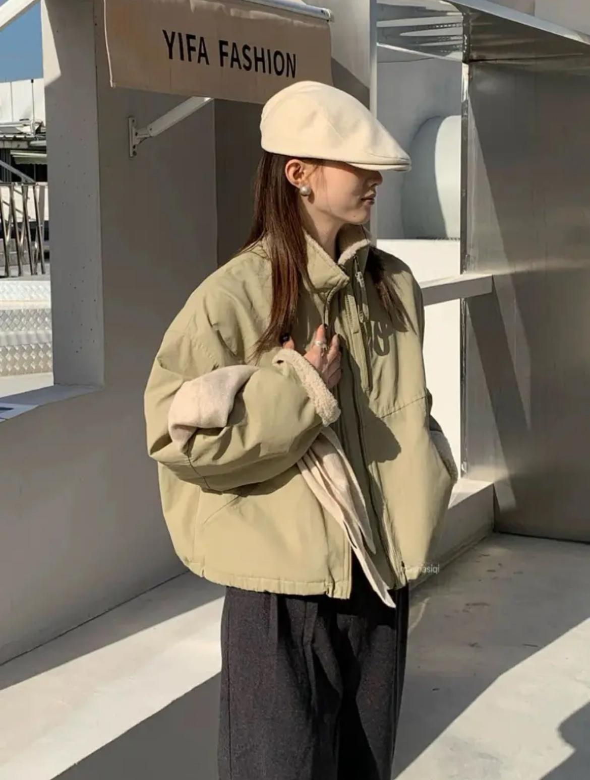 2025仿羊羔毛短款派克服女小个子休闲棉衣百搭韩版秋冬短外套