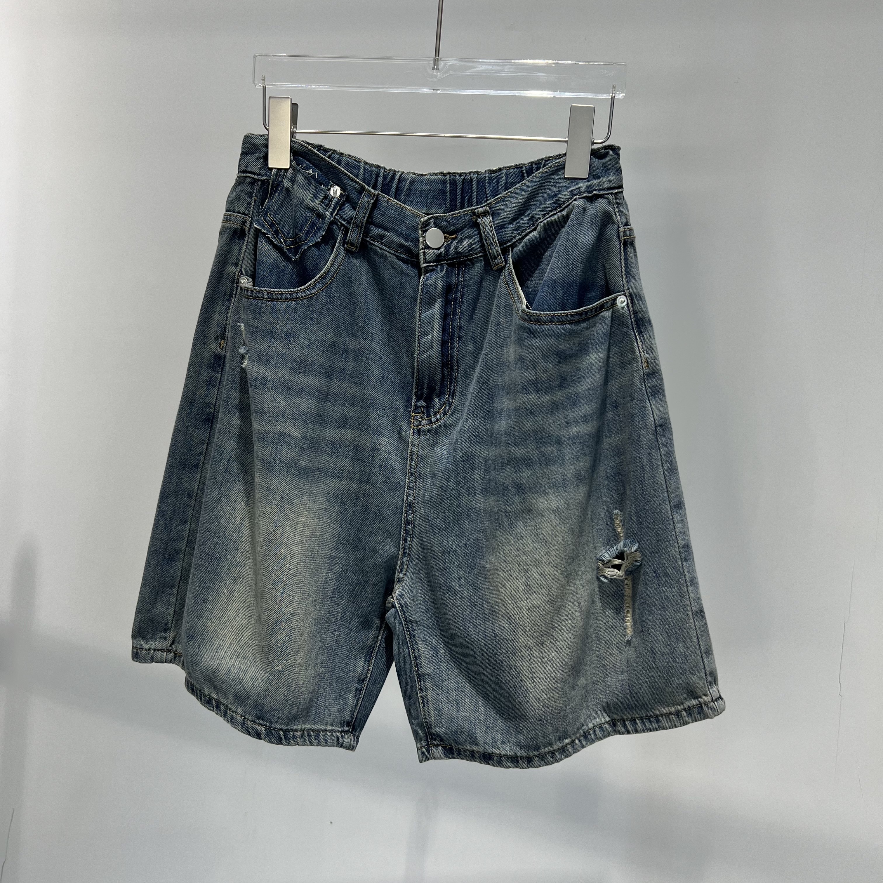 夏季新款破洞做旧半松紧腰头设计宽松百搭洋气牛仔五分裤