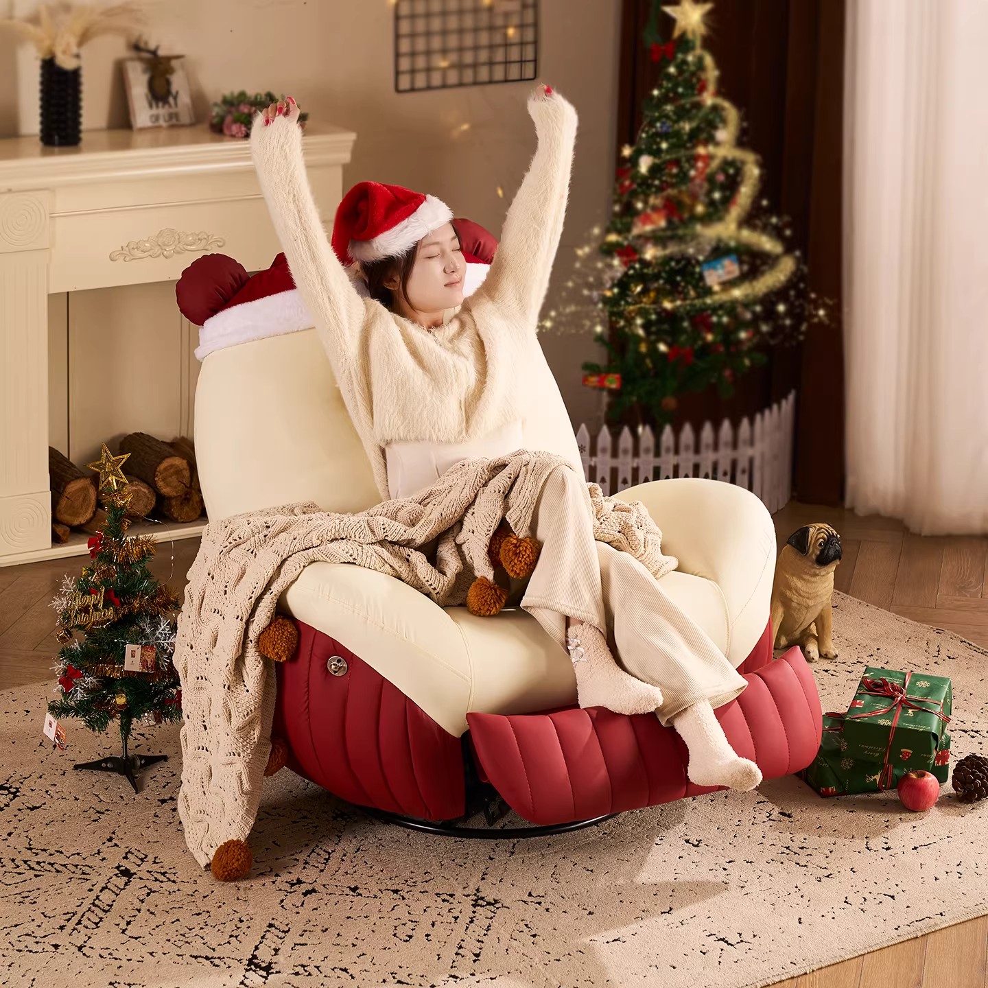 圣诞风电动单人沙发网红风小户型简约皮艺多功能可睡可躺懒人摇椅