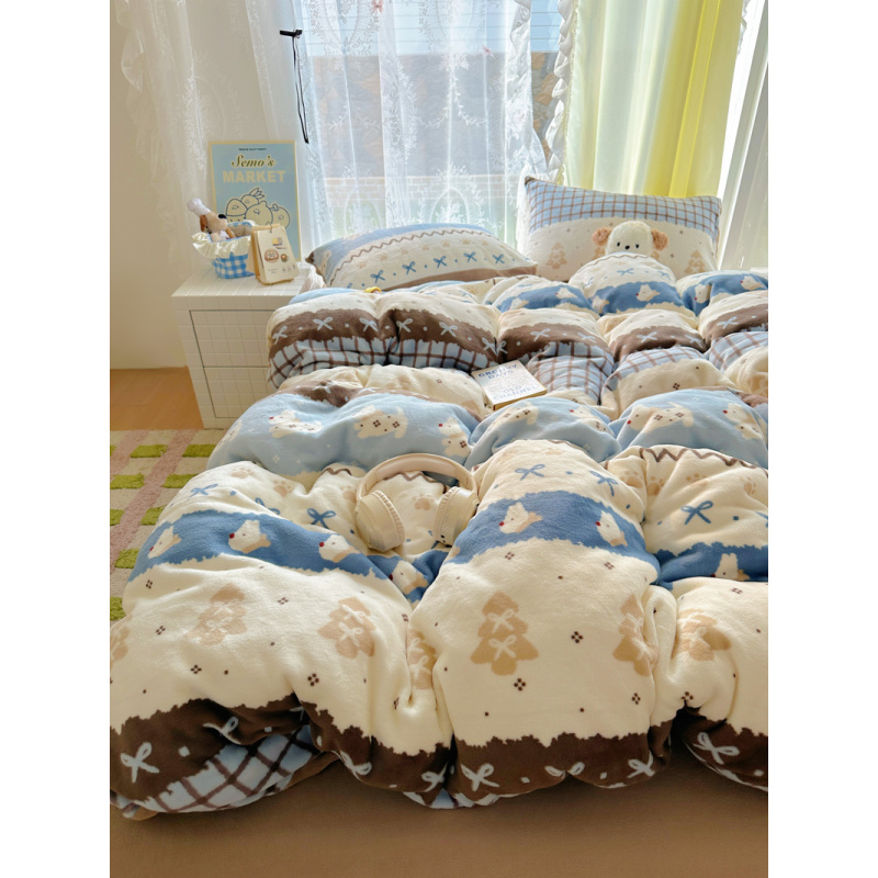 2025秋冬新款A类牛奶绒四件套加厚保暖卡通风ins小清新绒被四件套
