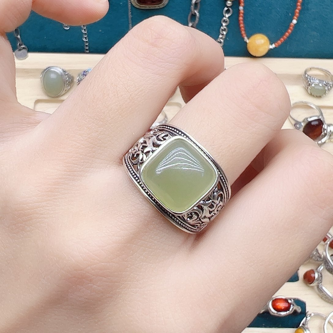 和田玉戒指银S925镶嵌