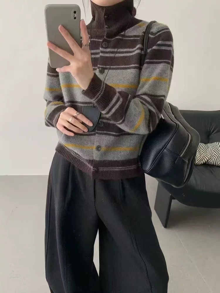 68127#针织条纹条纹中领打底衫毛针织衫打底网红秋冬时尚纽扣开衫