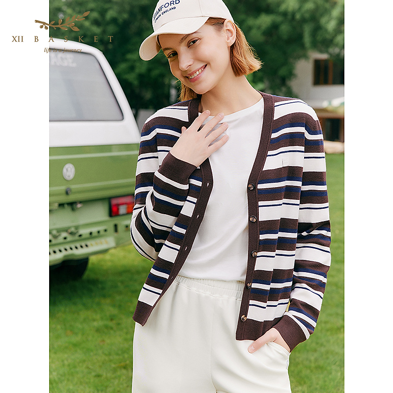 十二篮26春新款绵羊毛撞色条纹开衫休闲长袖针织外套7C36106350