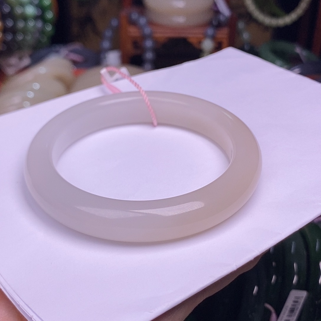 和田玉未镶嵌熟藕粉半山水粉白手镯56.5福利级