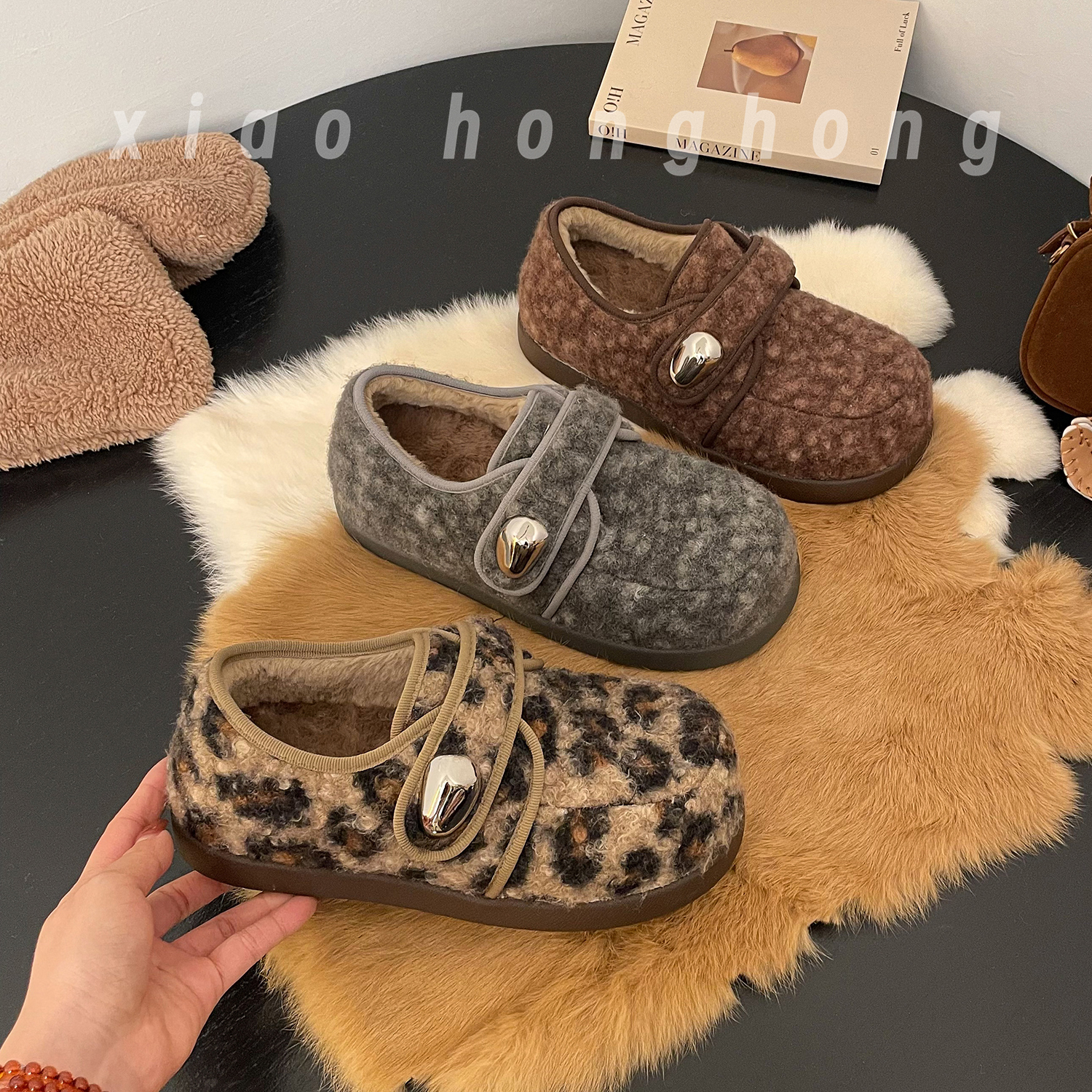 【松松】软底加绒毛毛鞋女2025冬季新款毛呢复古保暖韩版鞋子