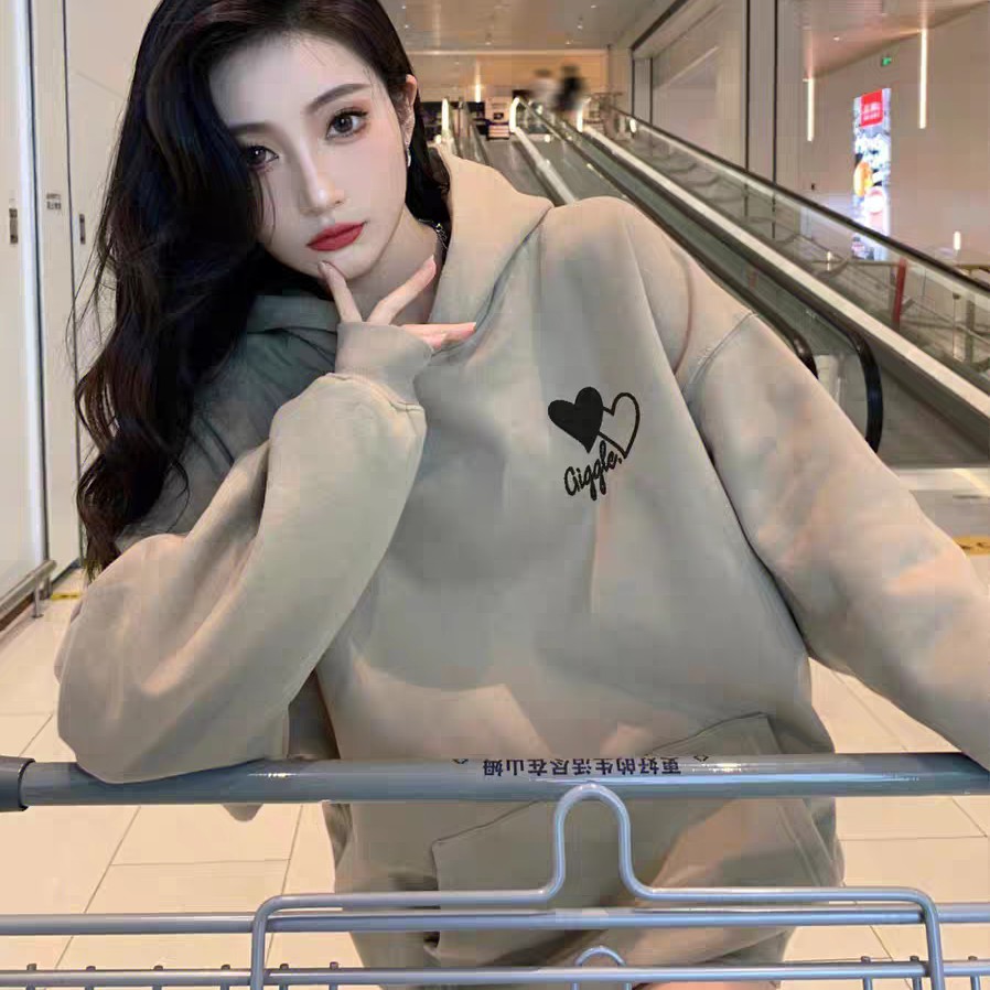 6391加厚宽松落肩袖ol卫衣保暖连帽韩版ins长袖印花秋冬