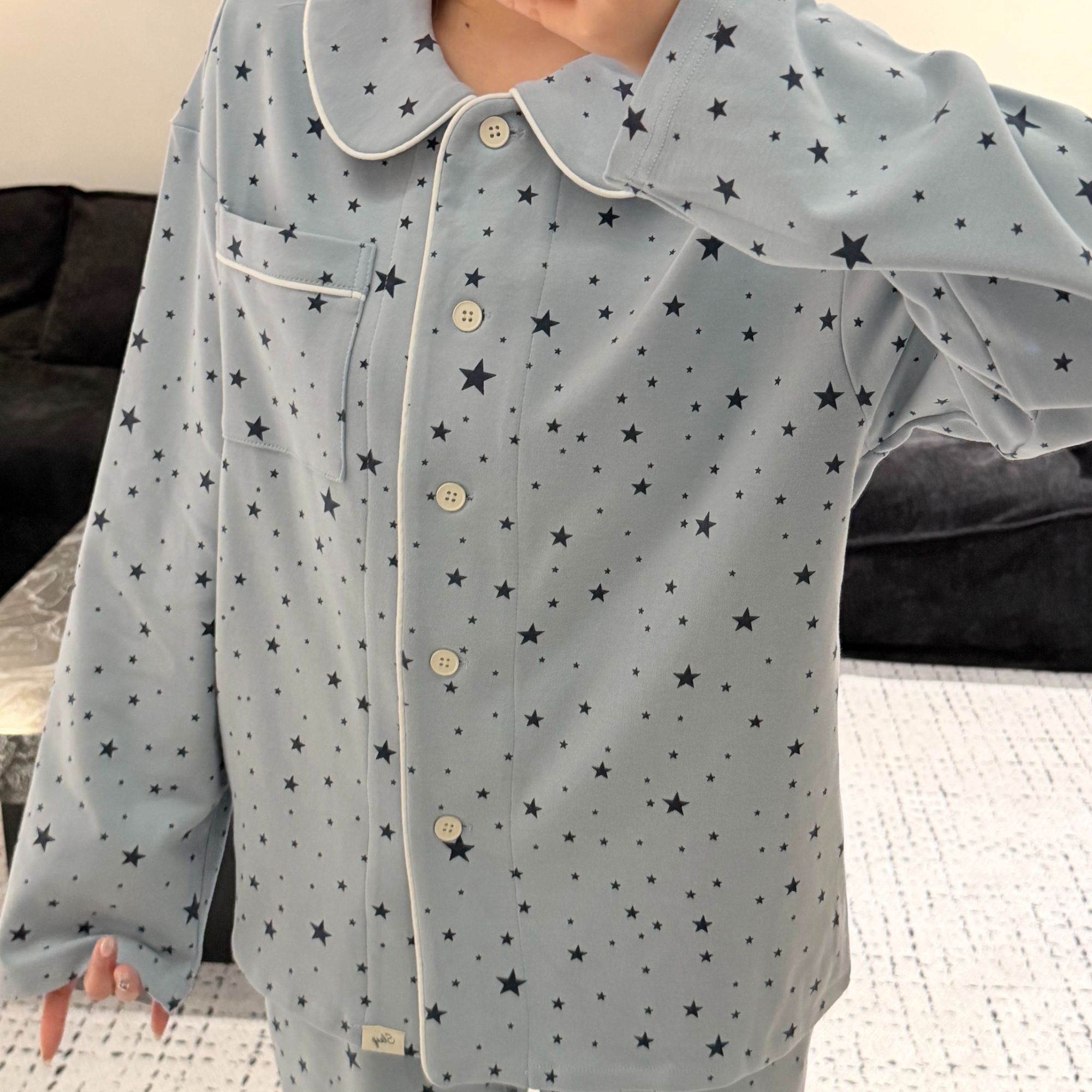 VINEEMAN【浅蓝星河】长袖星星松紧长裤睡衣家居服套装家居服休闲C