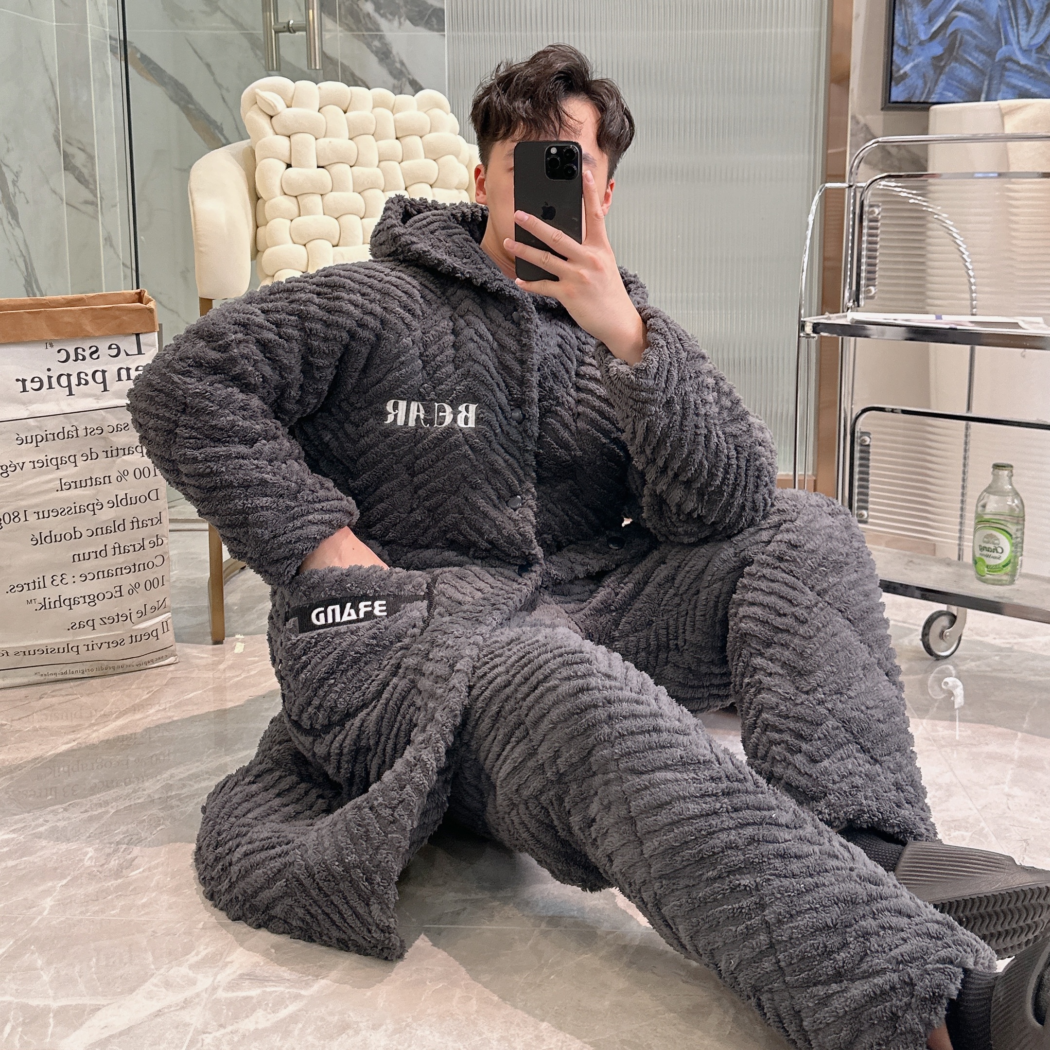 灰色长款连帽三层夹棉睡衣男款冬季加厚加绒保暖家居服套装可外穿
