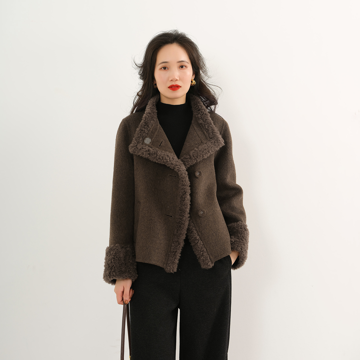 EKNR100%羊毛纯毛一体加厚双面呢大衣正肩短款百搭气质拼接短外套