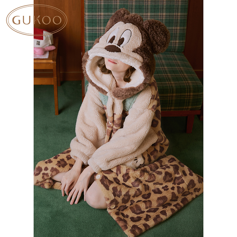 【Gukoo果壳】迪士尼米奇联名睡袍豹纹背带卡通可爱家居服冬款保暖