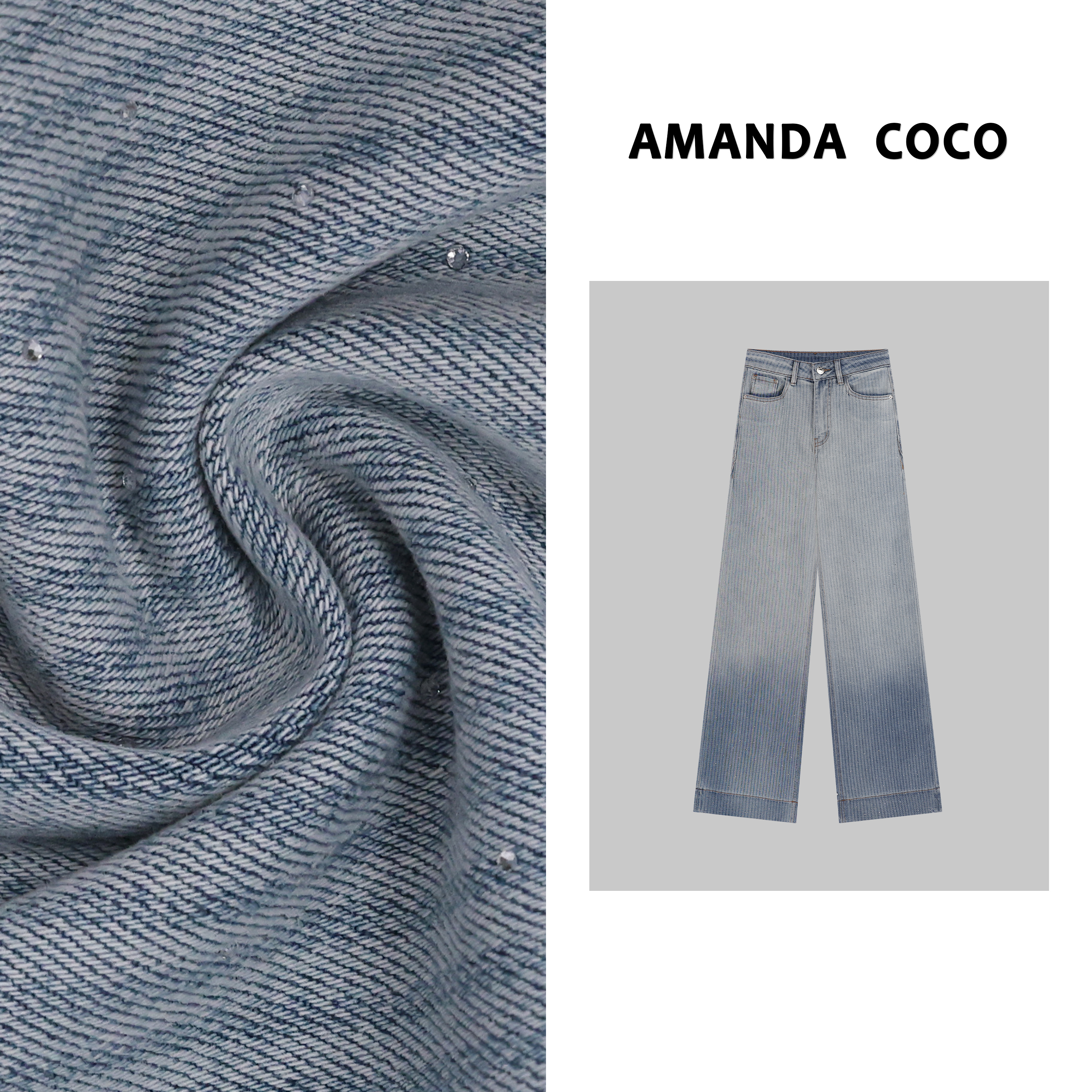 KEY# 欧货潮牌~高定重工烫钻渐变牛仔阔腿裤春秋休闲高腰潮流